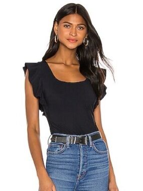 COMMANDO Black Scoop Neck Bonded Ruffle Sleeve Thong Bodysuit Size XS